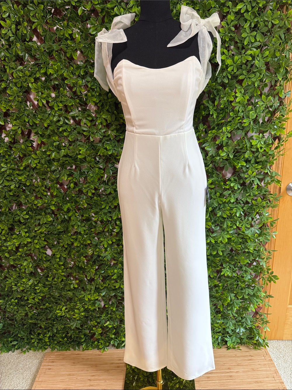 NWT-Pristine Aura White Tie-Strap Off-the-Shoulder Jumpsuit - Picture 5 of 16